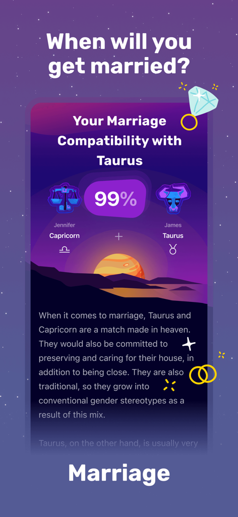 Astrology app interface showing a high marriage compatibility score between Capricorn and Taurus signs.