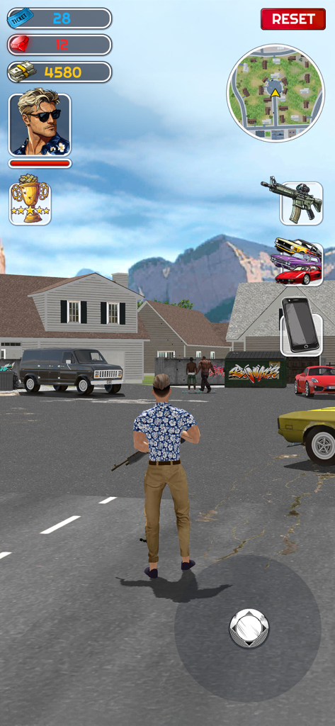 Third person view of a character holding a rifle in a suburban neighborhood within the Gangster Life mobile game