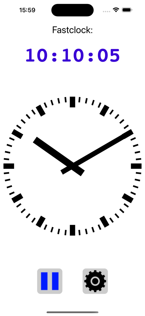 Fastclock app interface showing digital and analog time for model railroad operations