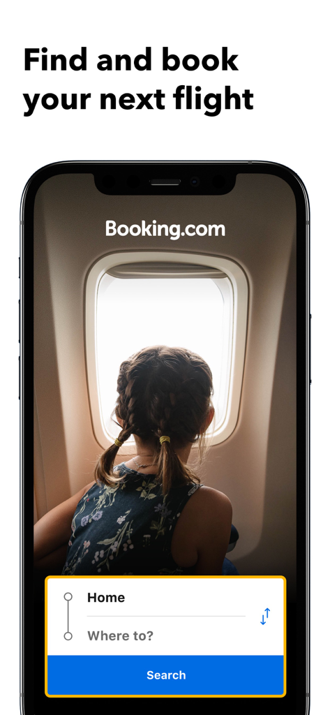 Booking.com app flight search interface featuring an airplane window view