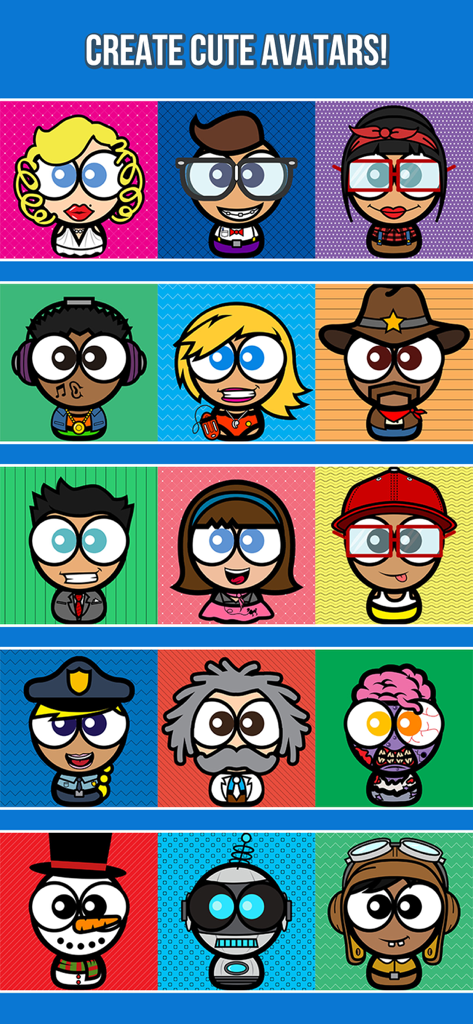 Cute Avatar Creator - A colorful grid displaying a wide variety of cute cartoon character avatars with different styles and outfits