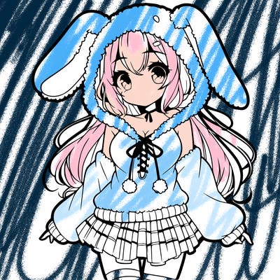 pretty anime girl wearing a fluffy hoodie with bunny ears on the hood and a skirt