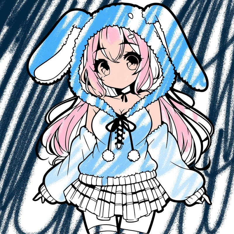 pretty anime girl wearing a fluffy hoodie with bunny ears on the hood and a skirt