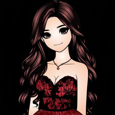 realistic girl with long hair and pretty prom dress