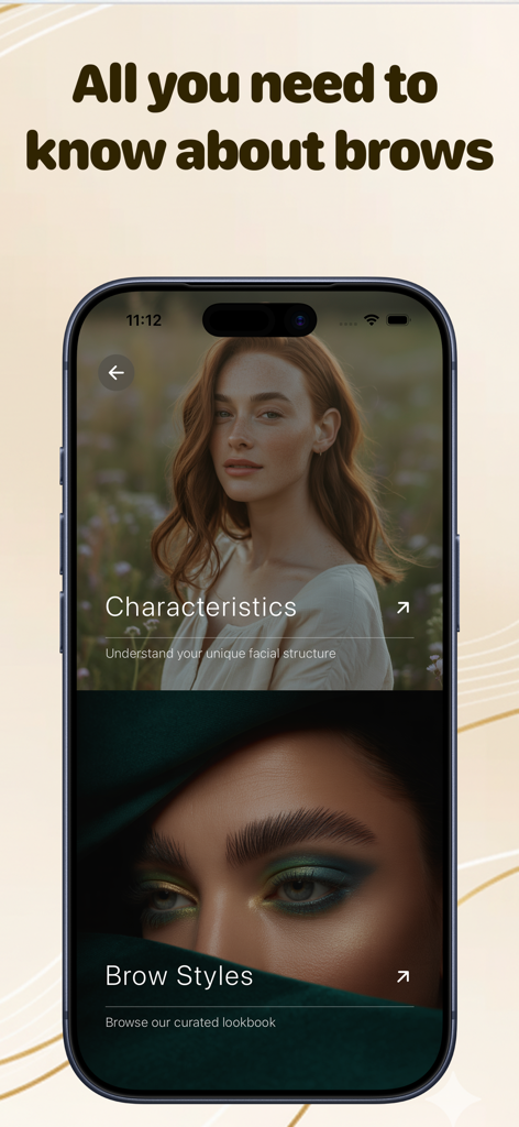 Brow Stylist - Perfect Brows - Interface of the Brow Stylist app showing options for facial characteristics analysis and a curated brow styles lookbook