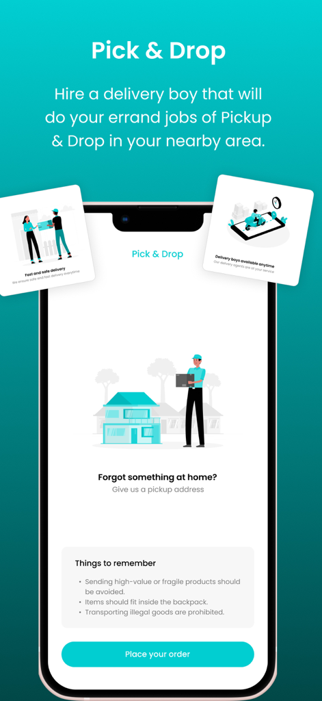 Famto:Food, Delivery, Shopping - Interface of the Famto app showing the Pick and Drop service for local errands
