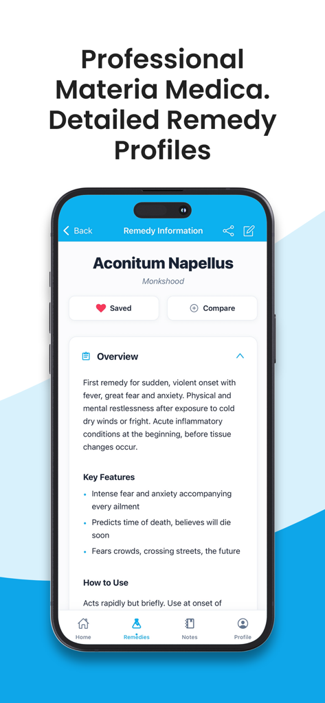 Pantalla de teléfono inteligente que muestra información detallada del remedio homeopático para Aconitum Napellus dentro de la sección de Materia Médica de la aplicación HomeoMate