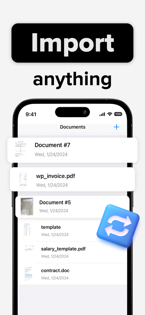 Interface of eSigner app showing imported files including invoices and contracts on a smartphone.
