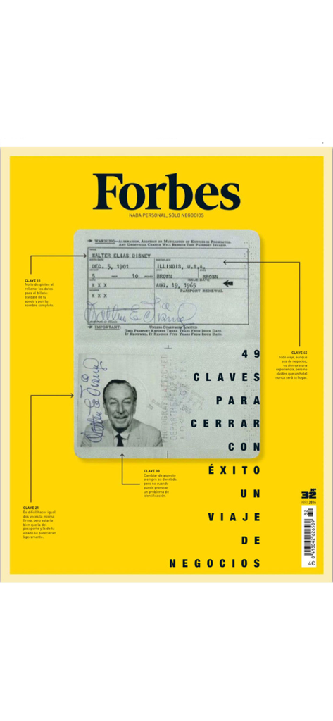 Portada de la revista Forbes España con Walt Disney y consejos para viajes de negocios