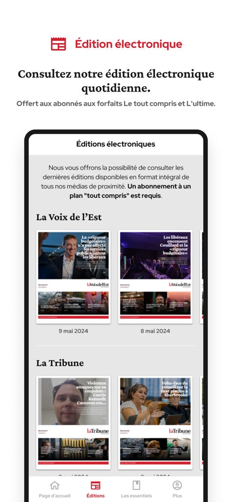 Mobile interface showing electronic newspaper editions of La Voix de l'Est and La Tribune for subscribers