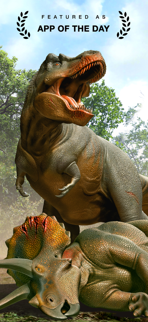World of Dinosaurs - A high-definition illustration of a T-Rex roaring over a Triceratops featured as App of the Day.