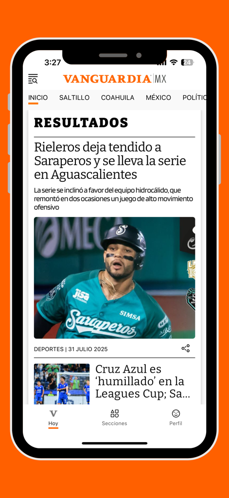 Aplicación móvil Vanguardia que muestra noticias deportivas locales y titulares de Saltillo y Coahuila, México.