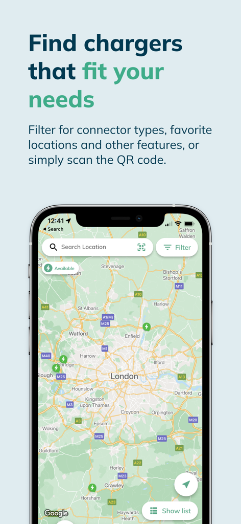 evyve - Map view of the evyve app showing electric vehicle charging stations in London.