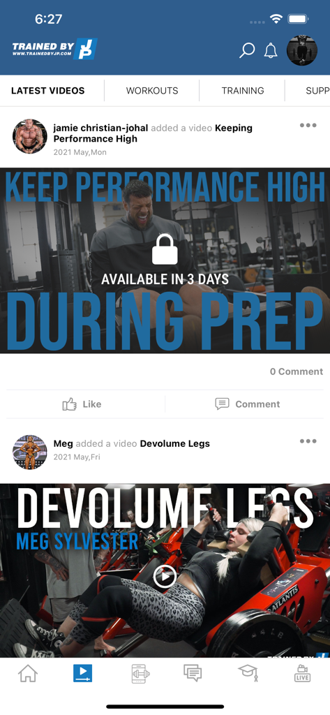 TrainedByJP - Video feed in the TrainedByJP bodybuilding app showing training content from athletes