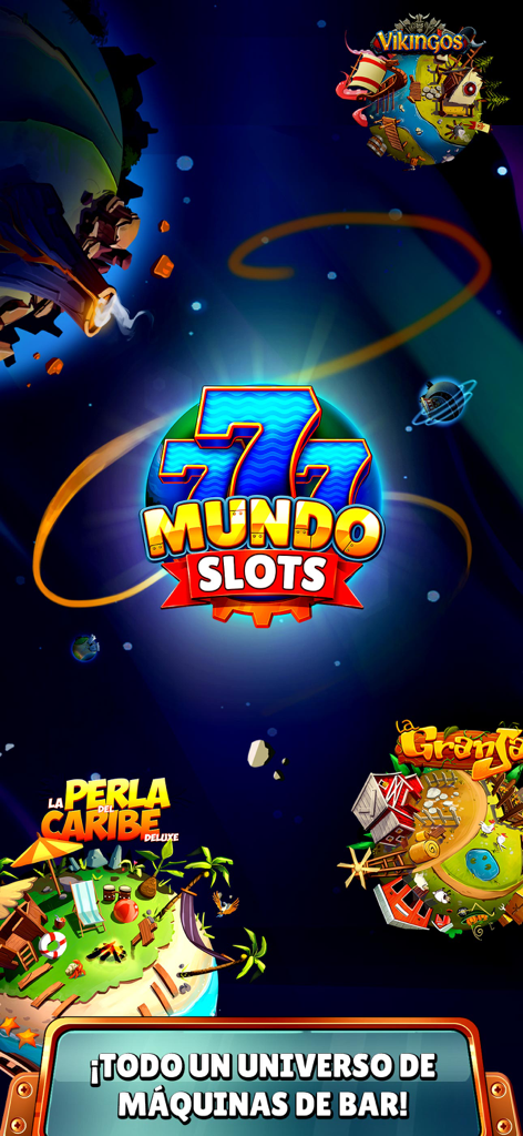 Mundo Slots - Tragaperras Bar - Pantalla de inicio de la aplicación Mundo Slots mostrando un tema espacial con planetas temáticos que representan diferentes máquinas tragaperras de bar como Vikingos y La Perla del Caribe.
