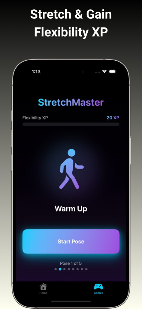 GenTallアプリのStretchMasterインターフェース。柔軟性XP獲得のためのウォームアップエクササイズを表示。