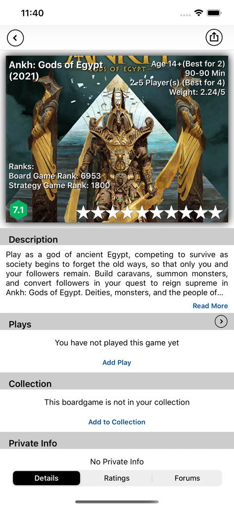 BGG BoardGames Information - Pantalla de la aplicación móvil que muestra información detallada del juego de mesa, estadísticas y opciones de colección para Ankh Gods of Egypt.