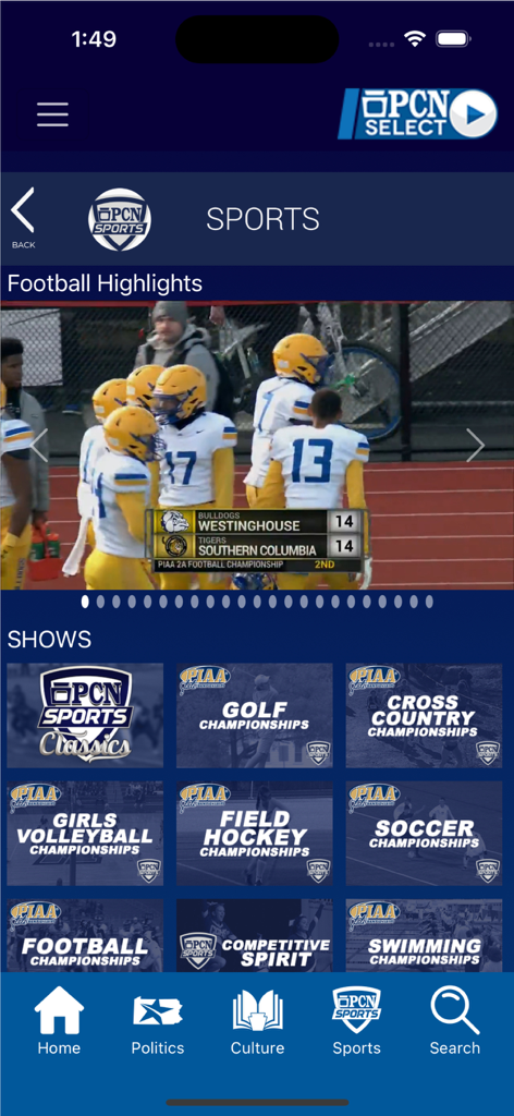 A seção de Esportes do aplicativo PCN Select apresentando destaques e categorias dos campeonatos do ensino médio da PIAA.