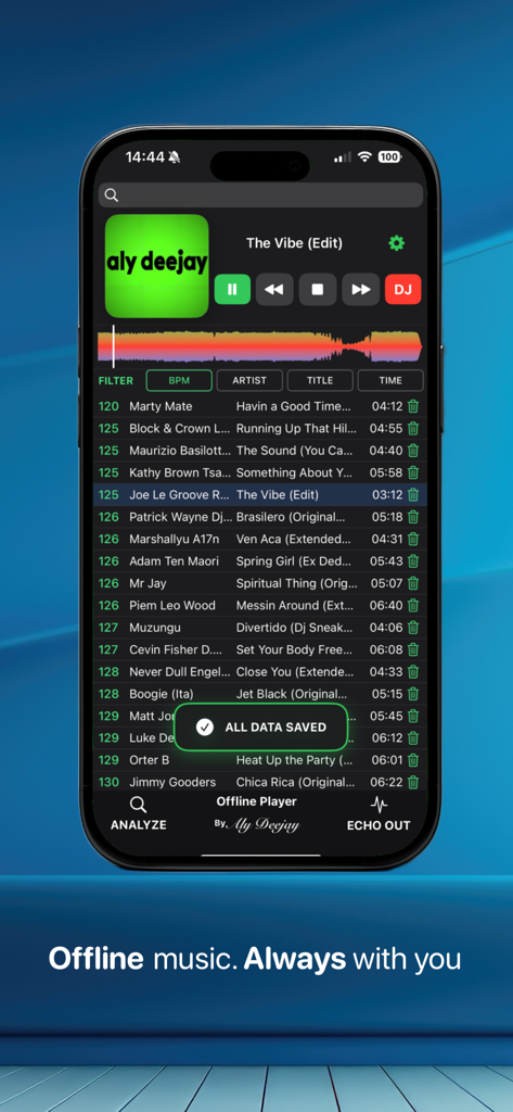 Mambo Player LITE mobile app interface displaying an offline music playlist and DJ controls