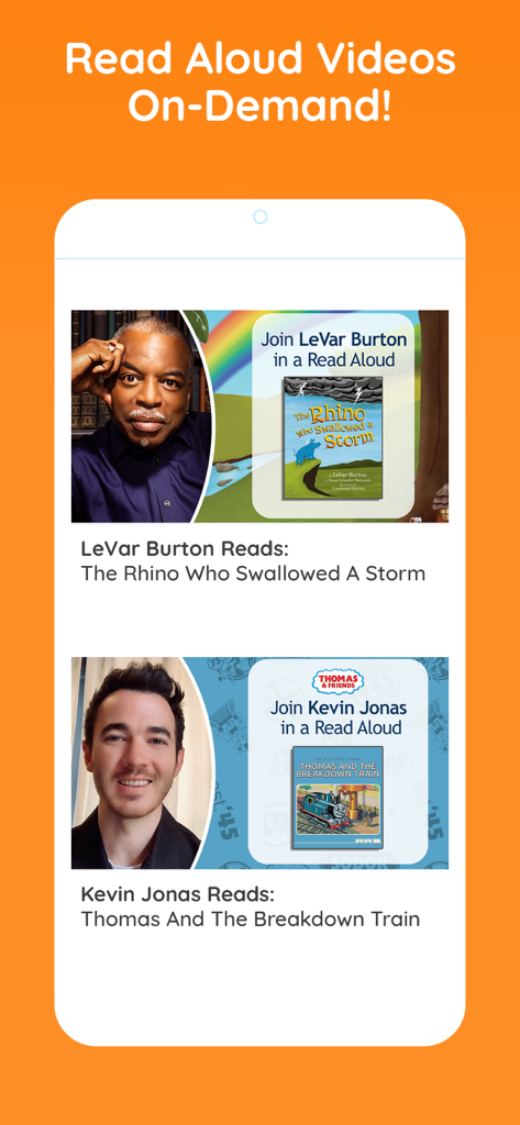 Caribu app screen showing on-demand read-aloud stories featuring LeVar Burton and Kevin Jonas.