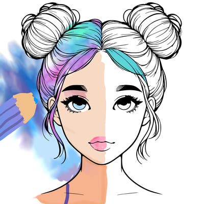 realistic girl with two buns on top of her head