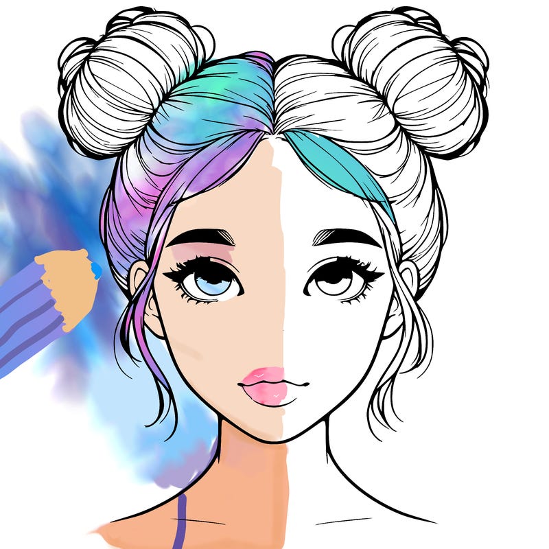 realistic girl with two buns on top of her head