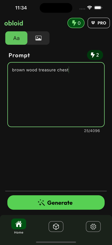 AI 3D Model Generator - Obloid - Obloid app screen showing a text prompt for generating a 3D brown wood treasure chest model