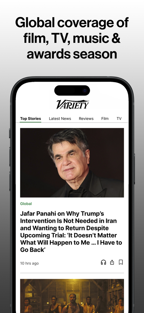 Variety mobile app interface showing global coverage of film and TV news stories