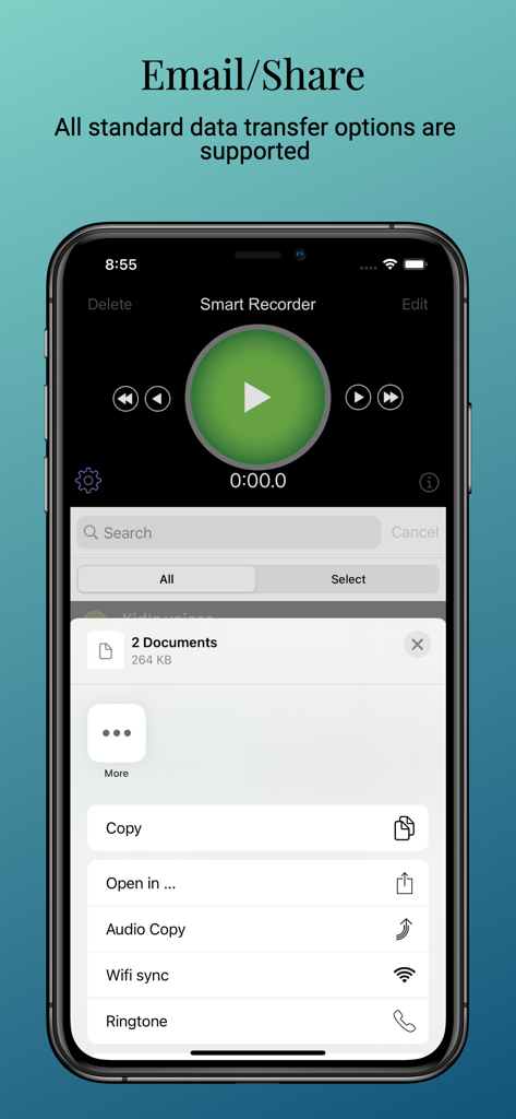 Smart Recorder and transcriber - Smart Recorder app interface showing audio file sharing and export options on an iPhone