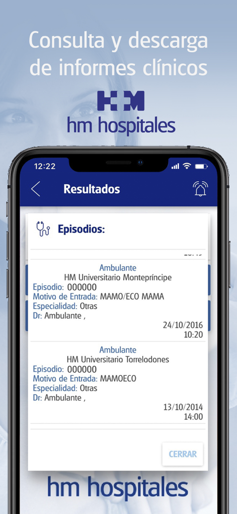 La app HM Hospitales muestra el historial clínico del paciente e informes médicos en un smartphone.