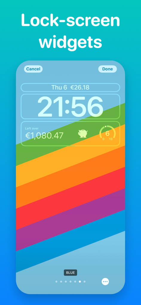 iPhone lock screen featuring financial widgets for tracking daily spend and remaining budget