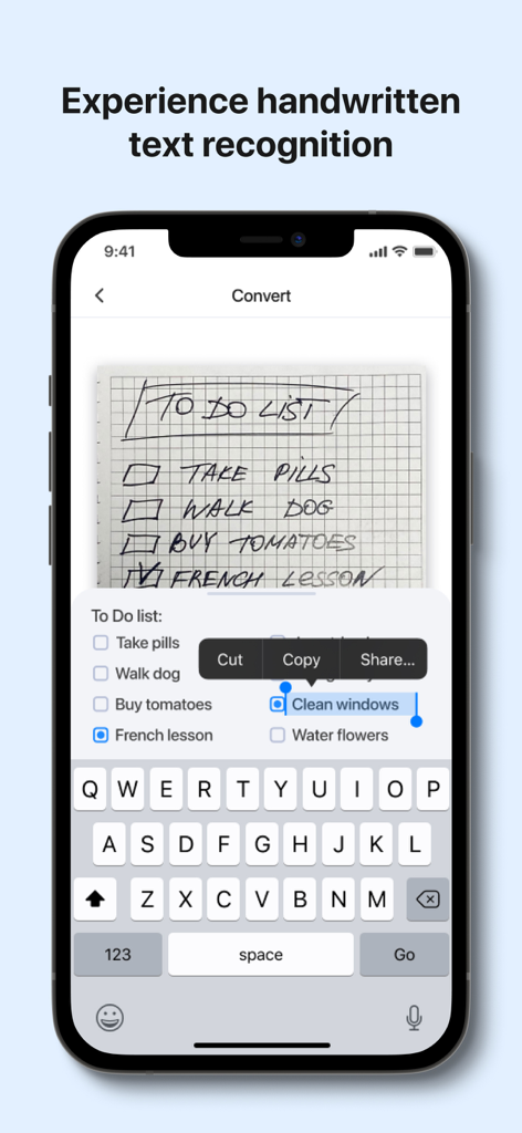 iPhone screen showing a handwritten to do list being converted into editable digital text using OCR technology