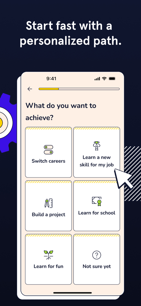 Codecademy Go - Mobile app screen for Codecademy Go showing personalized learning goal options such as switching careers or learning for school.