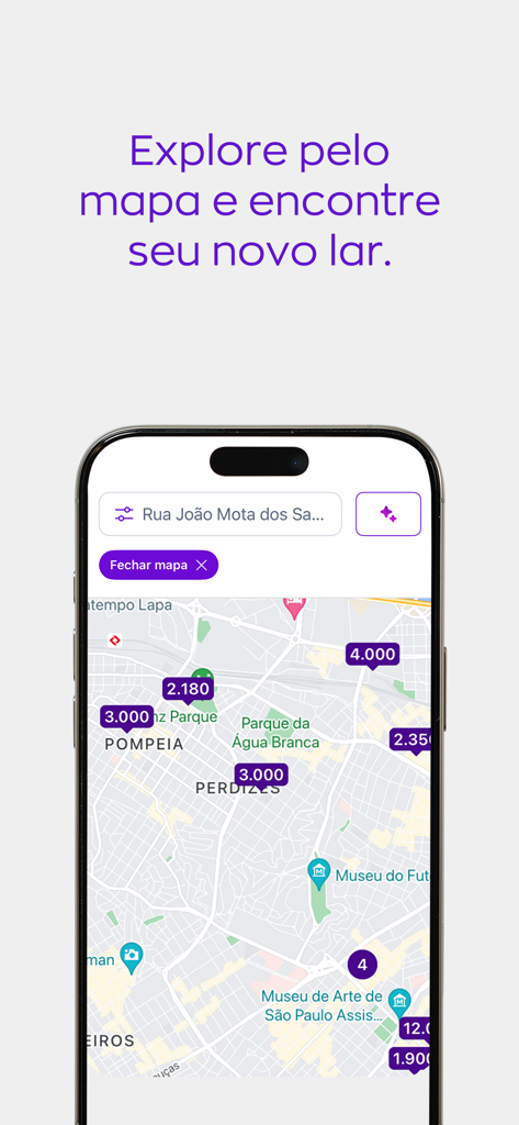 Pantalla de smartphone que muestra el mapa interactivo de la aplicación ZAP Imoveis con precios de propiedades en São Paulo, Brasil