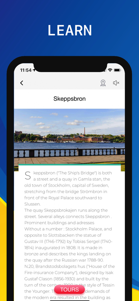 스톡홀름 여행 가이드 앱 화면에 감라스탄의 스킵스브론 부두에 대한 역사 정보와 사진이 표시됩니다.