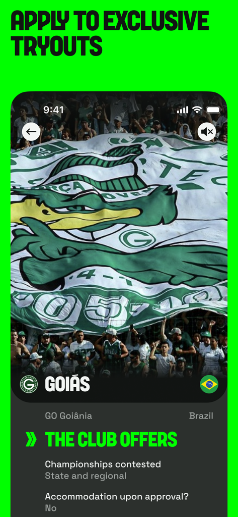 Footbao - Footbao app screen showing details for a professional soccer club tryout in Brazil