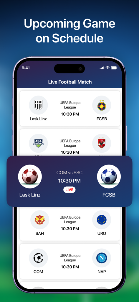 Live Football TV HD Streaming・ - Une interface mobile pour l'application FootUltras affichant les calendriers des prochains matchs de football en direct pour la Ligue Europa de l'UEFA.