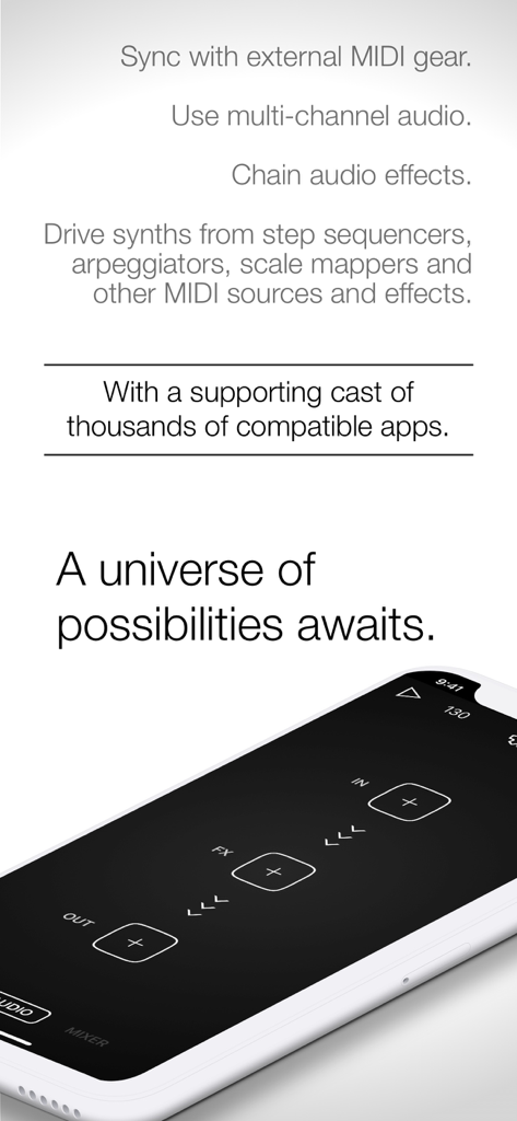 Audiobus: Mixer for Music Apps - Audiobus app interface showing routing slots for MIDI and audio effects on a smartphone.