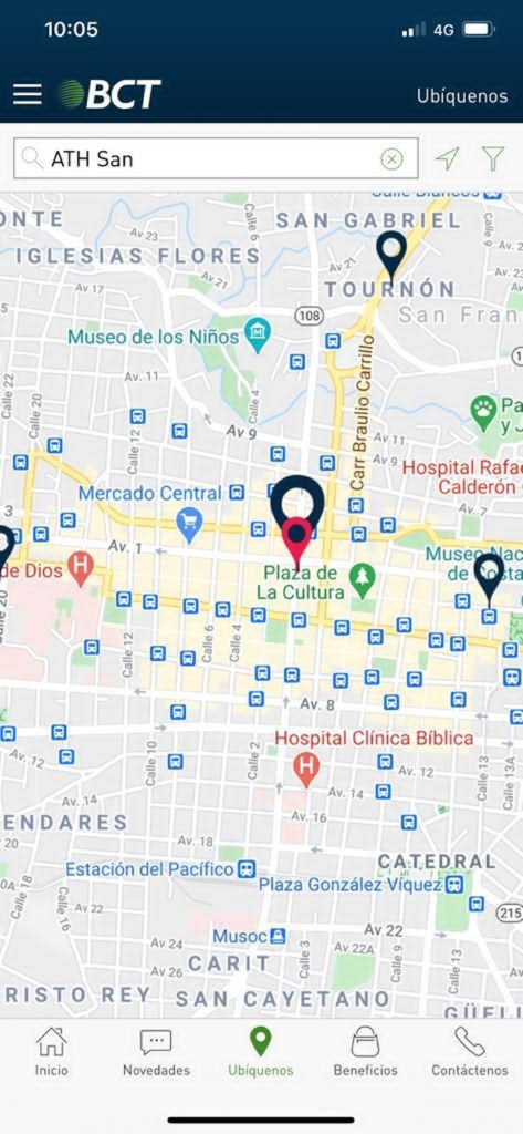 Enlace BCT Mi banco en mi mano - Interactive map in the Enlace BCT app showing branch and ATM locations in San Jose Costa Rica