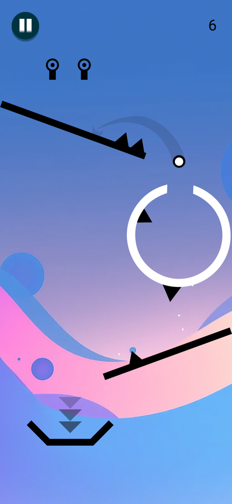 A white ball navigating through black platforms and circular obstacles on a colorful gradient background