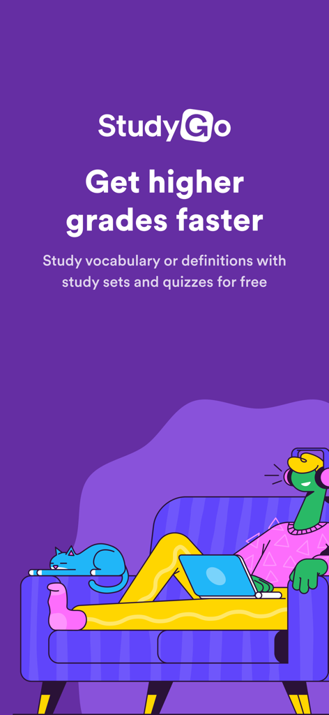 StudyGo app splash screen featuring an illustration of a student studying on a sofa and the text Get higher grades faster
