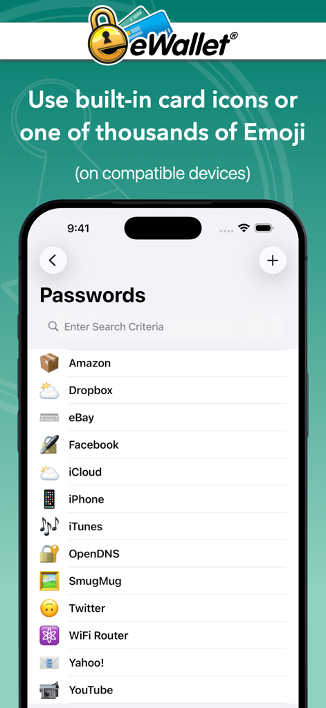 eWallet - Password Manager - Interfaz de la aplicación eWallet mostrando lista de contraseñas con iconos y emojis personalizados