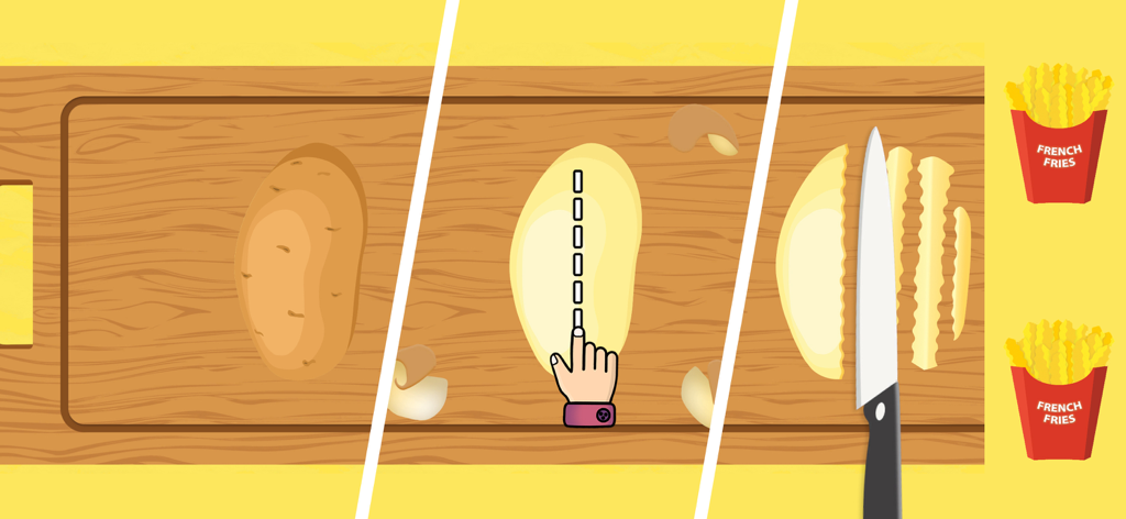Cooking games for children 2+ - Juego interactivo de cortar patatas que muestra cómo hacer patatas fritas en una aplicación de cocina para niños.