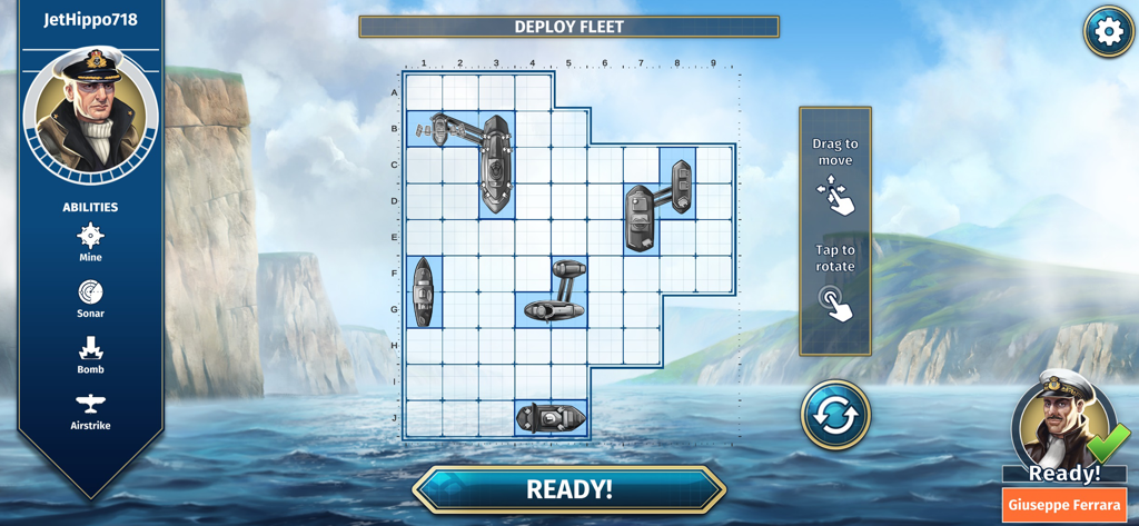 Strategic fleet deployment screen in the Battleship mobile app featuring a grid and naval commanders.