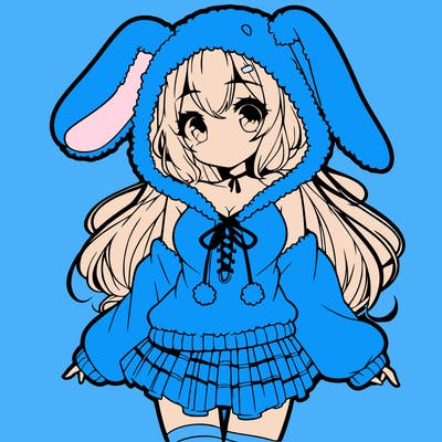 pretty anime girl wearing a fluffy hoodie with bunny ears on the hood and a skirt