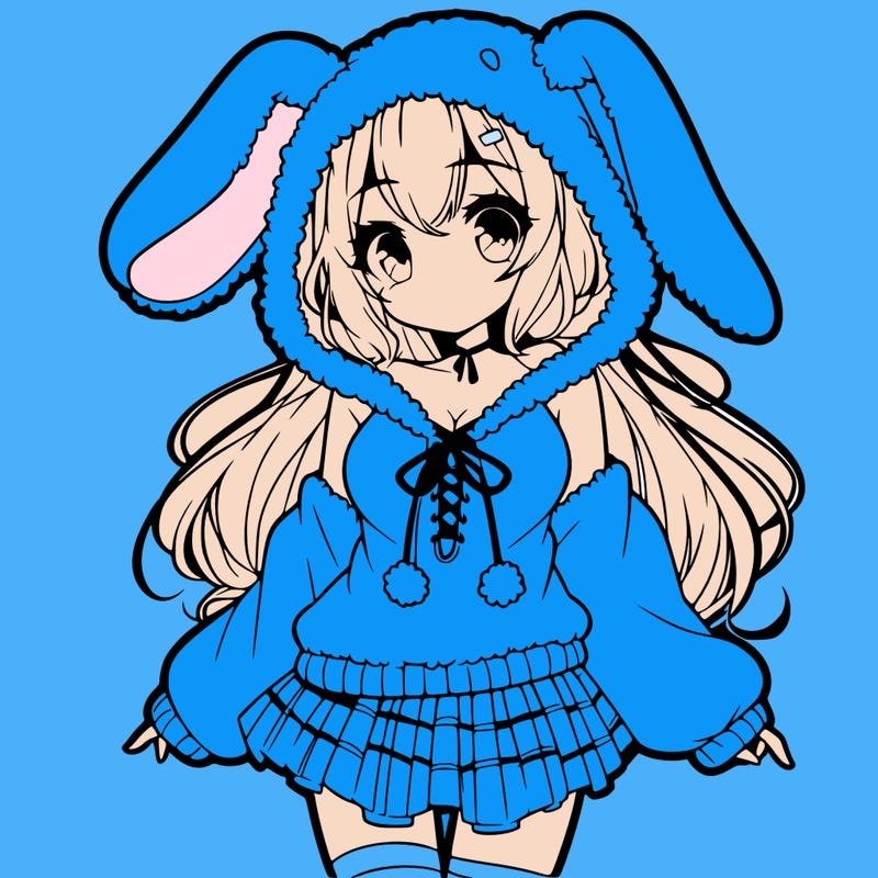 pretty anime girl wearing a fluffy hoodie with bunny ears on the hood and a skirt