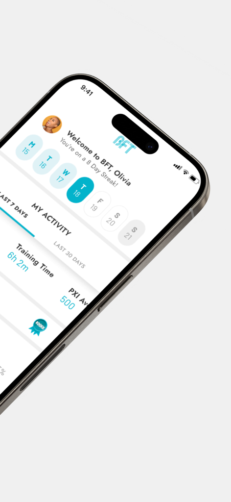 BFT Performance - BFT Performance app dashboard on an iPhone showing a workout streak and training activity metrics
