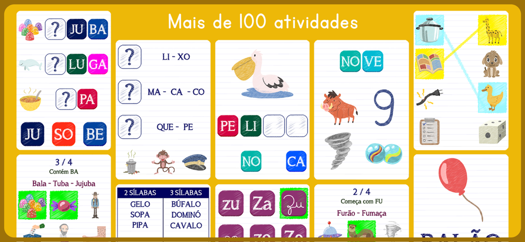 Silabando - Un collage que muestra varios juegos y ejercicios de aprendizaje interactivos para sílabas en portugués en la aplicación Silabando.