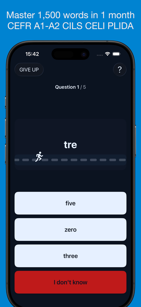 Basic Italian Vocabulary App - Italian vocabulary quiz interface showing a multiple choice question for the word tre