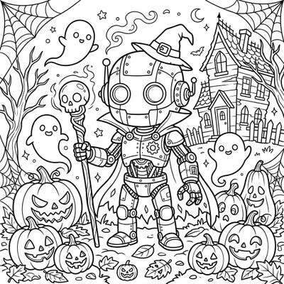 Dive into a unique Halloween adventure with this captivating Relic Cyborg coloring page. Featuring an ancient robot in a witch hat amidst ghosts and jack-o'-lanterns, it's perfect for a spooky creative session.